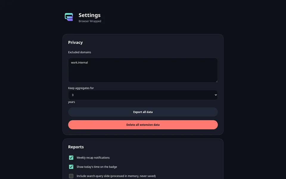 Browser Wrapped privacy and data settings